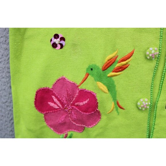 Quaker Factory Lime Green Embroidered Beaded Sweater-Large-Button Up-Birds - Picture 6 of 15